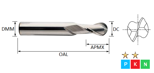 1.5mm 2 Flute Standard Ball Nose TiAlN Coated K30 Carbide Slot Drill